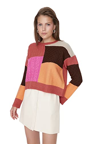 Trendyol Suéter Regular de Cuello Redondo con Bloques de Color Sudadera, Naranja, L para Mujer