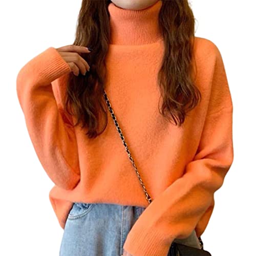 Suéter suelto para mujer, elástico de color sólido, cuello alto, manga larga, de gran tamaño, para otoño, invierno, naranja, talla única