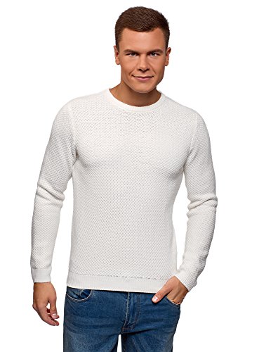 oodji Ultra Hombre Jersey Texturizado con Cuello Redondo, Blanco, ES 52-54 / L