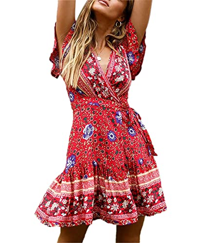 ABYOVRT Mujer Vestido Bohemio Corto Florales Nacional Verano Vestido Casual Magas Cortas Chic de Noche Playa Vacaciones,Rojo Y Azul,M