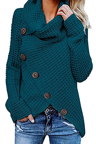 UMIPUBO Jerseys De Punto para Mujer Pullover Jersey Cuello de Tortuga Manga Larga Suelto Prendas de Punto Suéter Irregular Jerséis Collar de la Pila Tops Cálido Otoño Invierno (Azul, L)